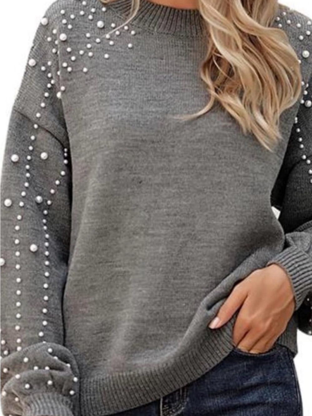 POL Gray Pearl-Embellished Crewneck Sweater